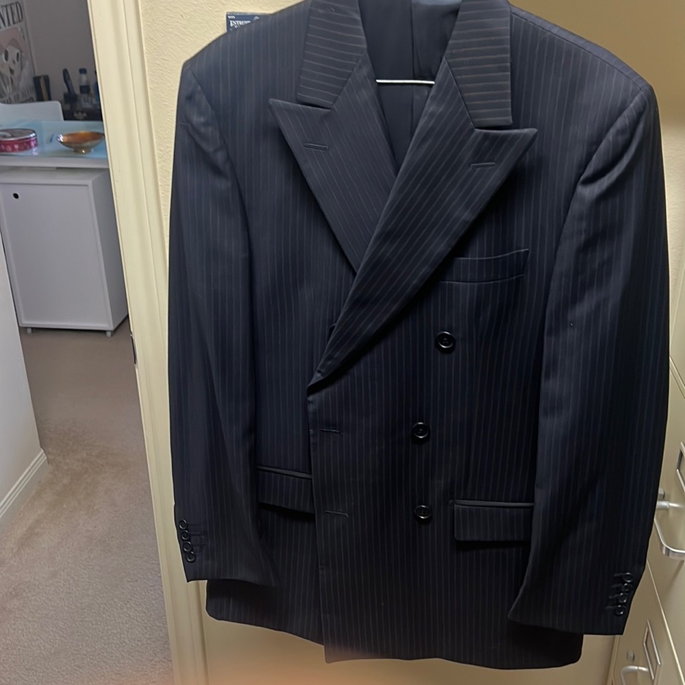 Men’s Principe Double Breasted Suit 40L Navy Blue w/ Pinstripes